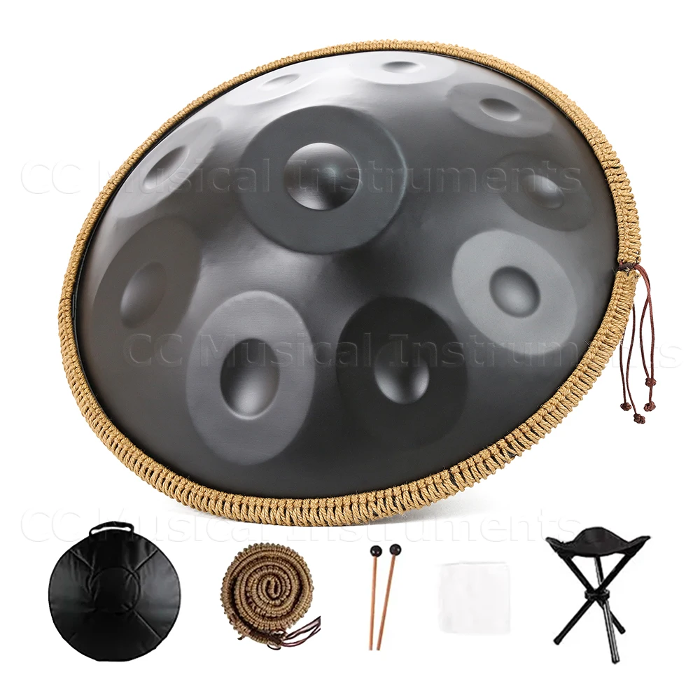 

Black Steel Tongue Drum for Yoga Healing, Percussion Instrument, Musical Tambourine, Hand Pan, D Minor, 10 Tone, 432Hz, 22 Inch