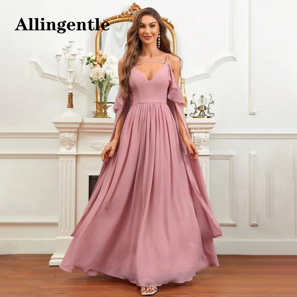 Allingentle Spaghetti Strap V-Neck Bridesmaid Dress 2024 Chiffon Ruffles Sleeves A-Line Prom Gowns Zipper Back vestidos de noche