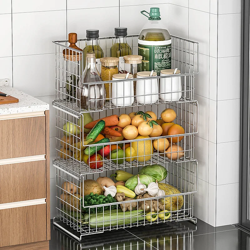 

304 Stainless Steel Kitchen Organizer Fruit & Vegetable Storage Rack Space-Saving Floor Storage Basket Stackable Kitchen Shelf