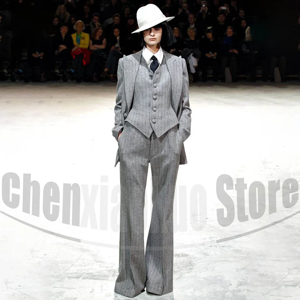 Fashion Women Striped 3 Piece Suit Set Woolen Peak Lapel Blazer Vest with Pants Formal Runway Style Office Smart Casual Wear
