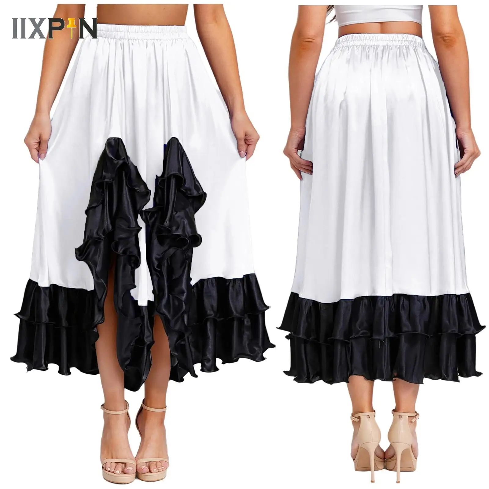 Womens Gypsy Spanish Flamenco Skirt Ruffled Satin Smooth Big Swing Carnival Party Ballroom Belly Dance Festival Stage Costume