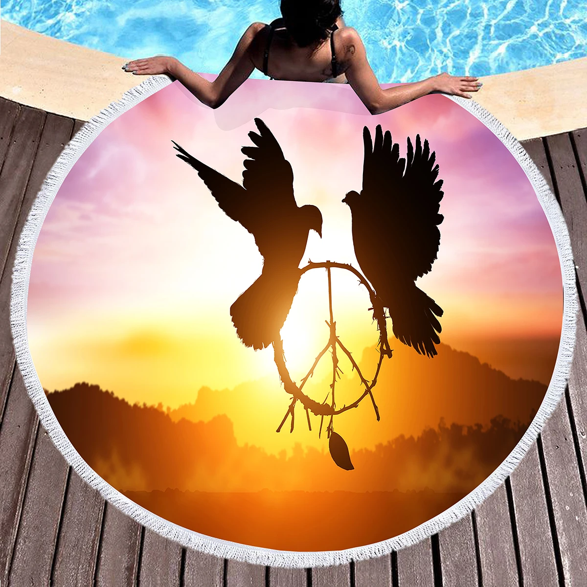 

Peace Printing Round Beach Blanket,Polyester Sand Resistant Beach Towel,Soft Absorbent Quick Dry Portable Pool Towel Picnic Mat