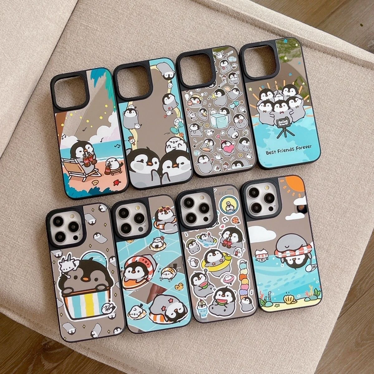 

Cute Penguin Mirror Black Border Magnetic Phone Case Cover for IPhone 11 12 13 14 15 Pro Max Case