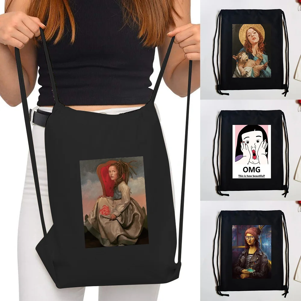 Compact Canvas Drawstring Sackpack Funny Print Sport Backpack Gym Shopping Storage Portable Daypack