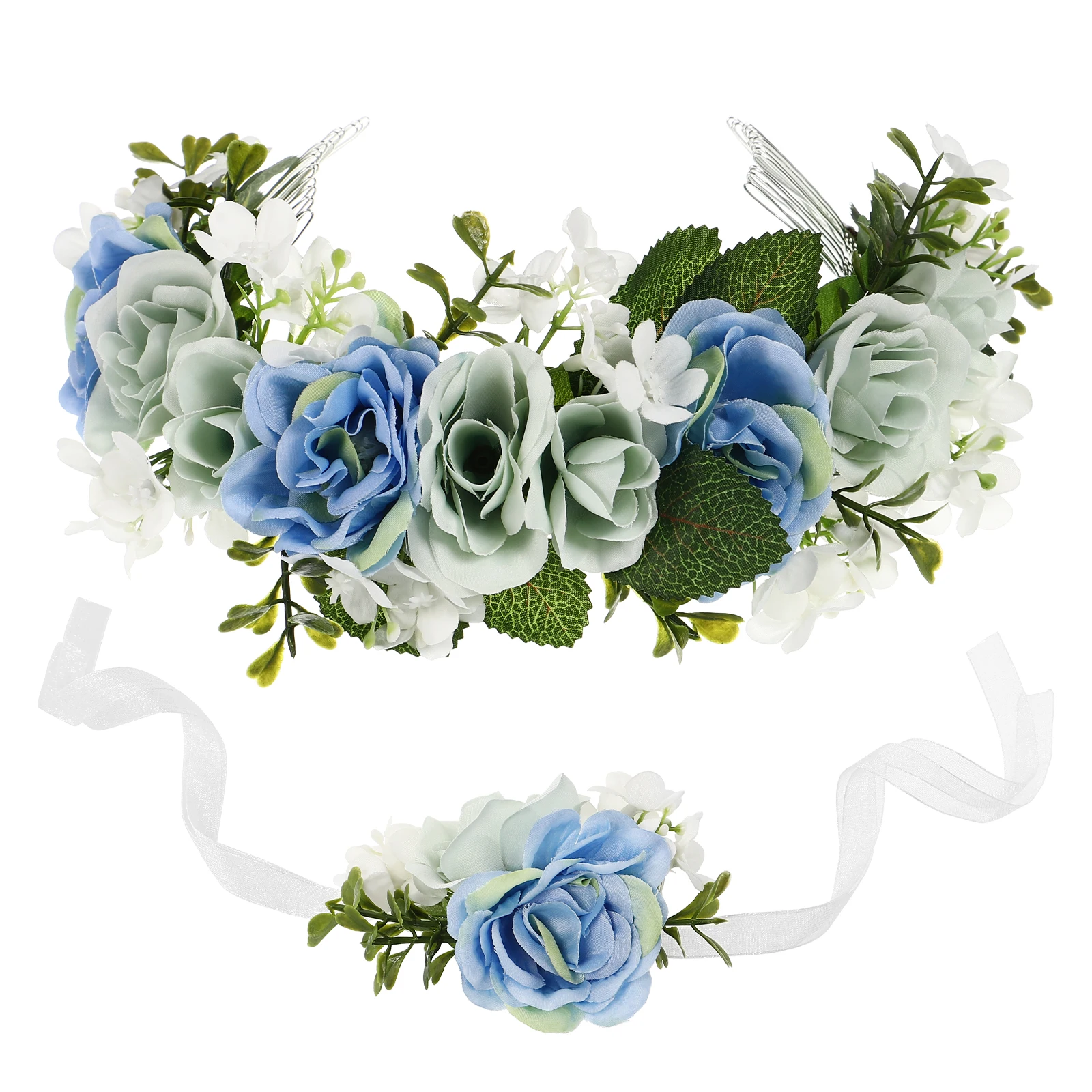 

1 Set Flower Wreath Bracelet For Women Girls Artificial Hair Accessories Adjustable Crown Garland Floral Headpiece Wedding Party
