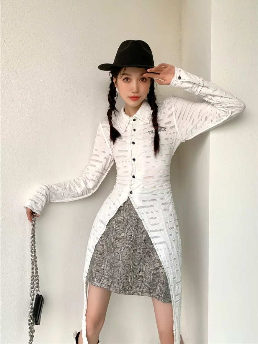 

CHEERART Distress Long Blouse Women Cotton Long Sleeve Top Embroidered Letter Ripped Designer Asymmetrical Top Spring