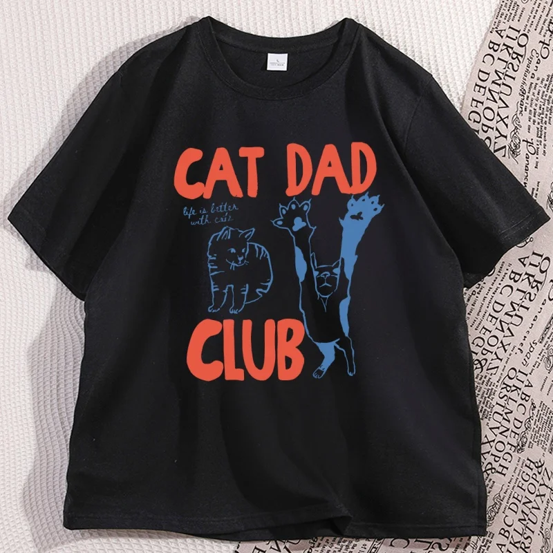 2026 Summer Men's Fun Casual Cat Dad Club Pattern Letter Printed Round Neck T-shirt Loose Soft Breathable Sports Short Sleeve