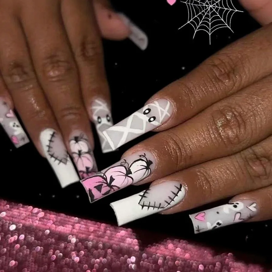 24枚入り ホワイト ロング コフィン型 つけ爪 バンドゥ風 ゴースト ホラー パンプキンデザイン ハロウィン プレスオンネイル フレンチ スパイシーガール マニキュアアート
