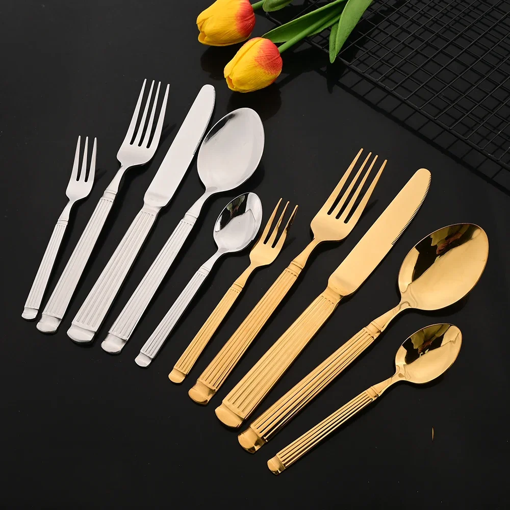 30Pcs Stainless Steel Flatware Cutlery Black Vintage Tableware Set Elegant Dinnerware Mirror Knife Spoon Cake Fork Set