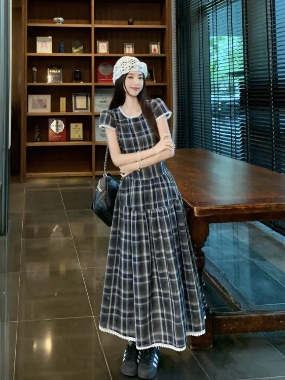 

plus Size Women's Vintage Plaid Ruffle Svel Dr Summer New Waist Cinched High Waist A-Line Skirt Korean Sle Slim Fit