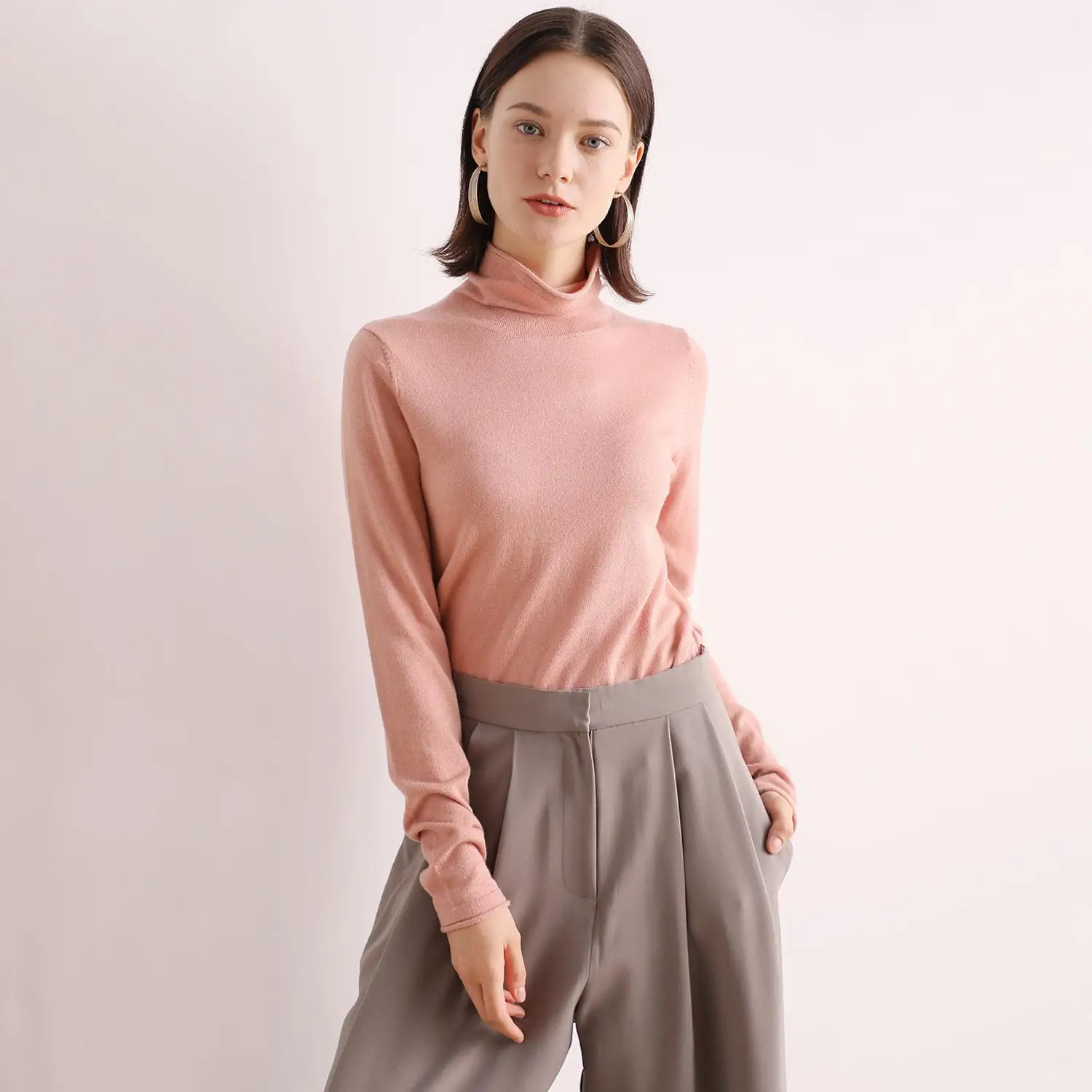 

Простой женский вязаный пуловер с высоким воротом и длинными рукавами, базовый топ для повседневной носки, из нейлоновой ткани, весенний сезон