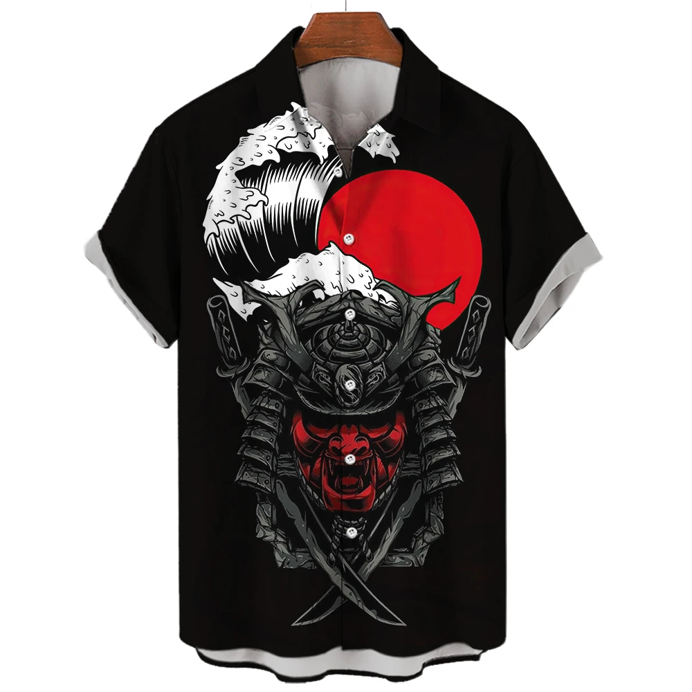 Retro Heren Overhemd Slim Fit Samurai Horror Shirts Japanse Print Camisa Masculina Oversized Casual Hawaiiaanse Overhemden En Blouses