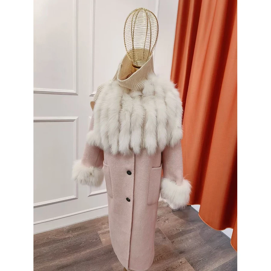 

Winter Wool Coat Women Jacket High Quality Natural Real Fox Fur Collar Jacke Long Woolen Coat