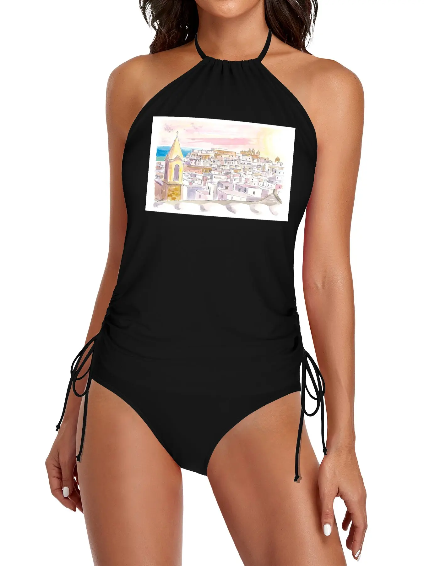 

Ostuni Apulia Italy Watercolor Cityscape at Sunset Split Swimsuit Set bikinis sets woman Bikini women
