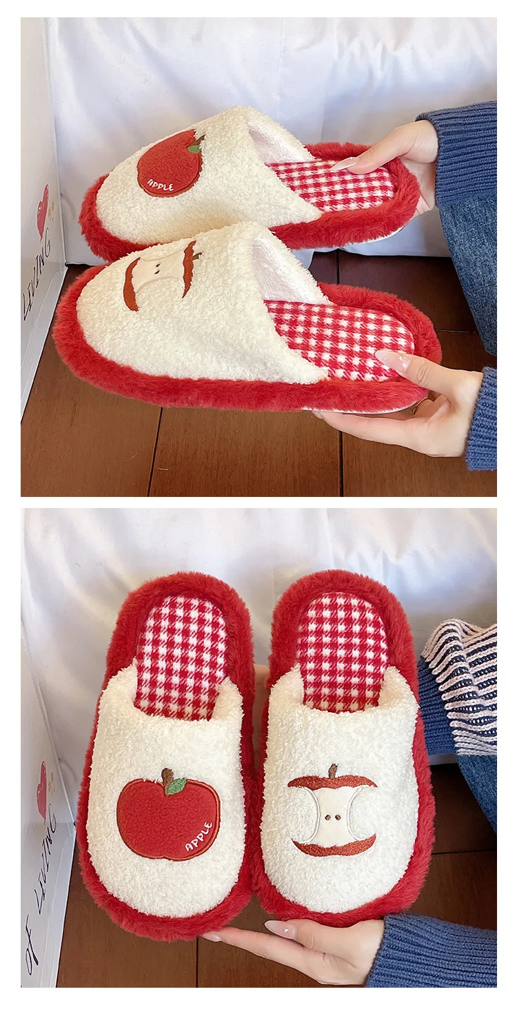 Modische Niedliche Apfel-Plüsch-Hausschuhe Rutschfeste Dicke Sohle Winter-Slides Damen Geräuscharme Freizeitschuhe für Zuhause ﻿ – Detail 5