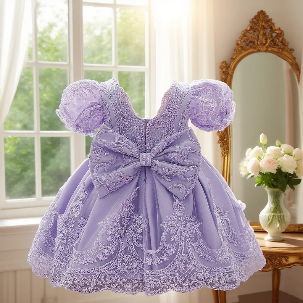 Baby Princess Dress One Year Old Bubble Sleeves Mesh Gauze Lace Embroidery Wedding  Fluffy Birthday Party Laundry Dress
