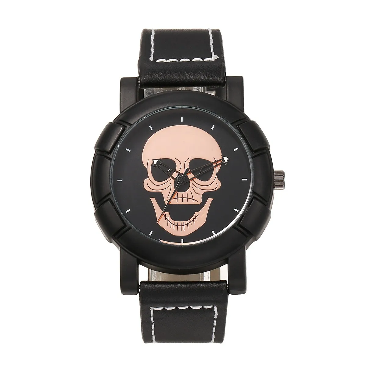 Jam tangan sabuk kuarsa bisnis pria seri hitam skull-border baru grosir