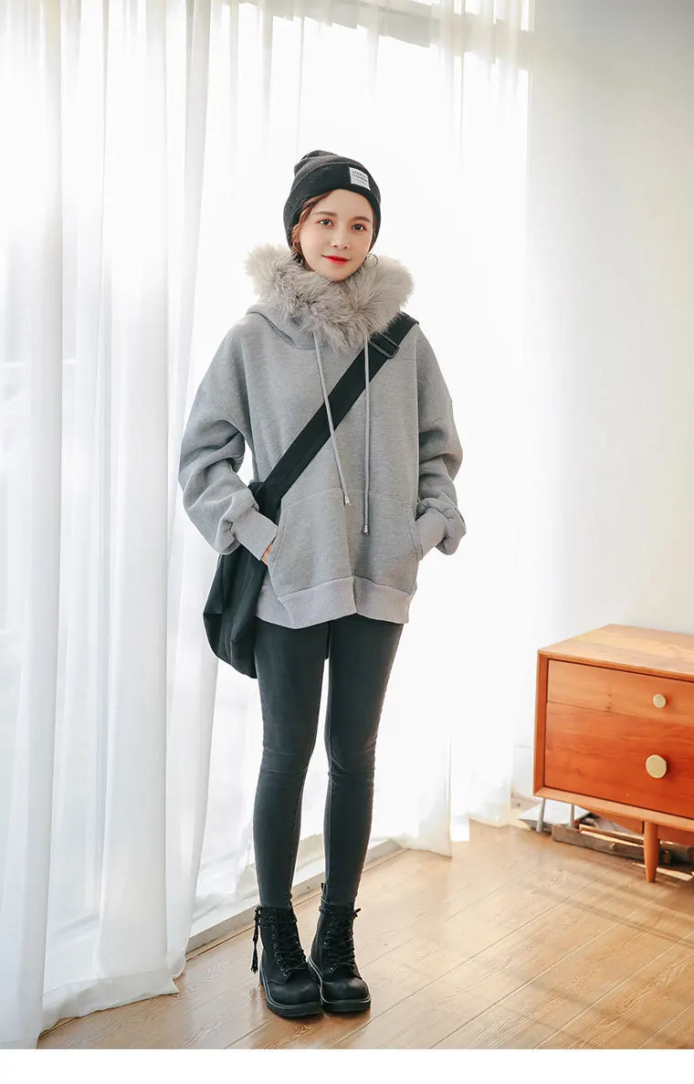 ZOUXO Hoodies Women 2022 Autumn Winter Fur Collar Thick Hoodies New Fashion Simple Grey Hooded Clothes