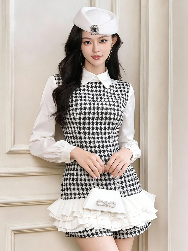 

Женский ретро-комбинезон-рубашка из двух частей с отложным воротником, длинными рукавами, оборками, облегающий, для вечеринок, элегантный, формальный, для молодых девушек