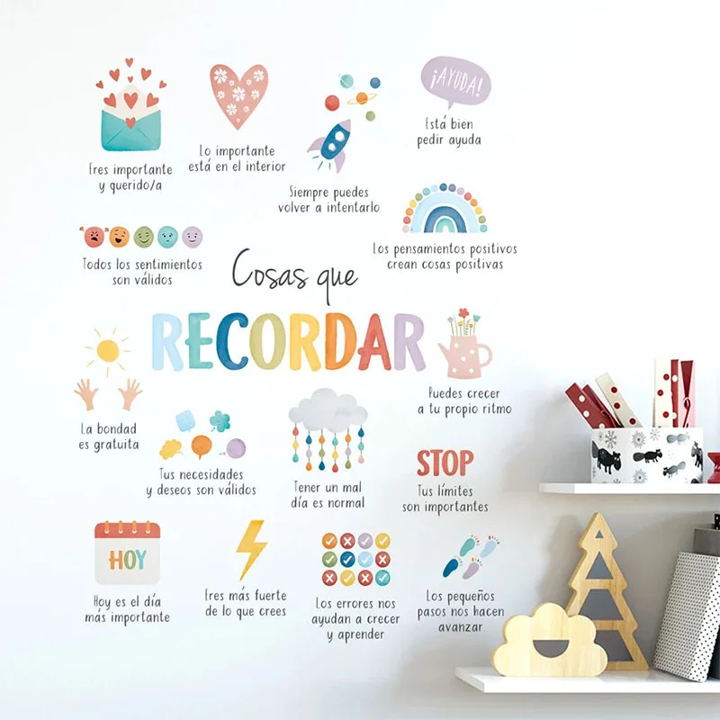 Spanish Positive Affirmation Wall Stickers, 'Cosas Que Recordar' Inspirational Wall Decals, Removable Vinyl Wall Art for Kids Be