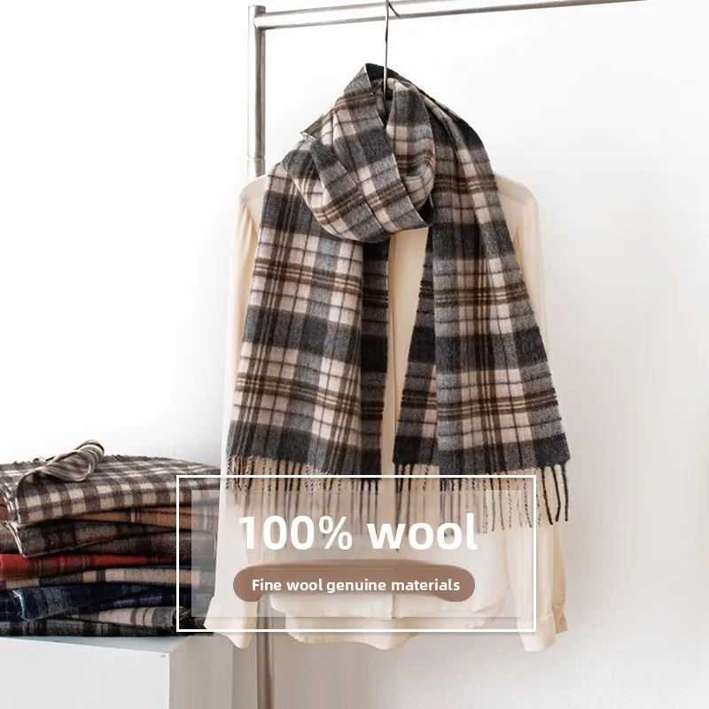 

New 100% Wool Plaid Scarf Women Men Spring Autumn Tartan Check Fringe Shawl Warm Hijab Hair Wrap Fashion Versatile Headscarf