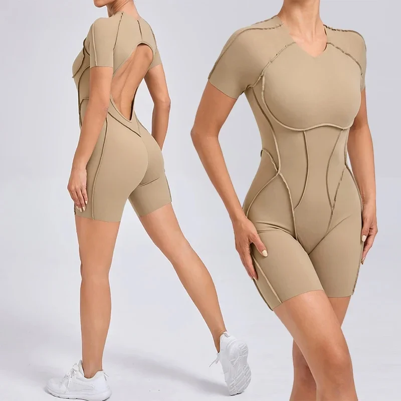 

2025 New Style Workout Jumpsuit Gym Yoga Clothes Sportswear Women Summer Short Sports Jumpsuit Long Sleeves Fitness Overalls