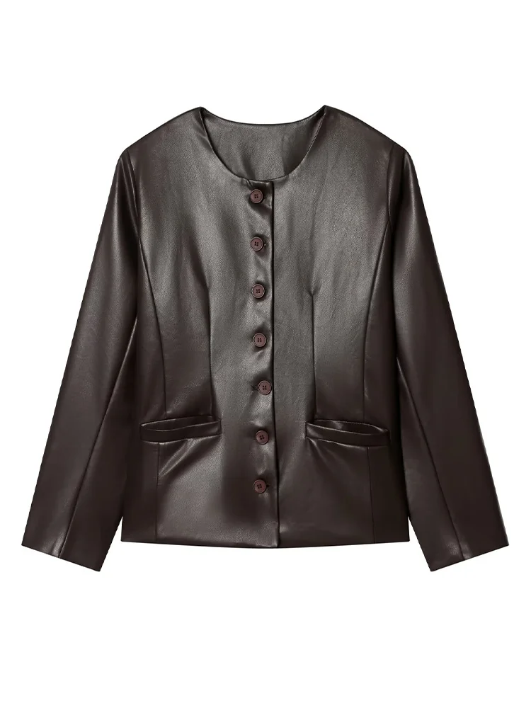 Hh moda feminina único breasted bolso decoração de couro artificial jaqueta curta feminina mangas compridas o pescoço casual casaco de rua