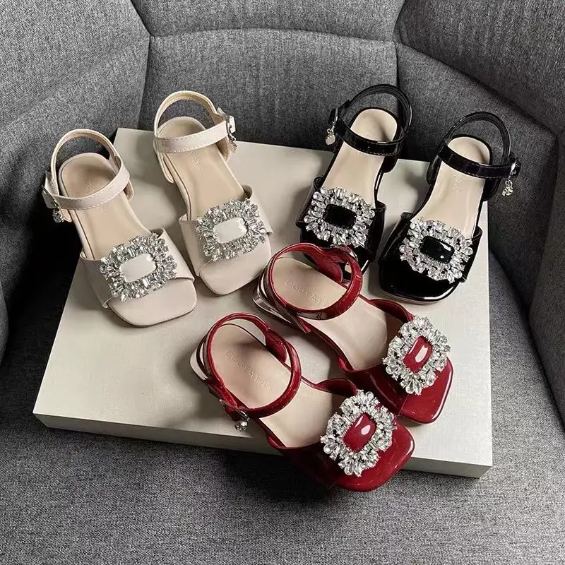 Girls Sandals Children Fashion Rhinestones Versatile Chic Sweet Princess Mary Janes for Party Wedding Shows Low Heels Kids Shoes