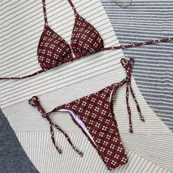 Bikini con estampado Floral para Mujer, traje de baño de dos piezas con cuello Halter, triangular, microtanga, color marrón, 2024