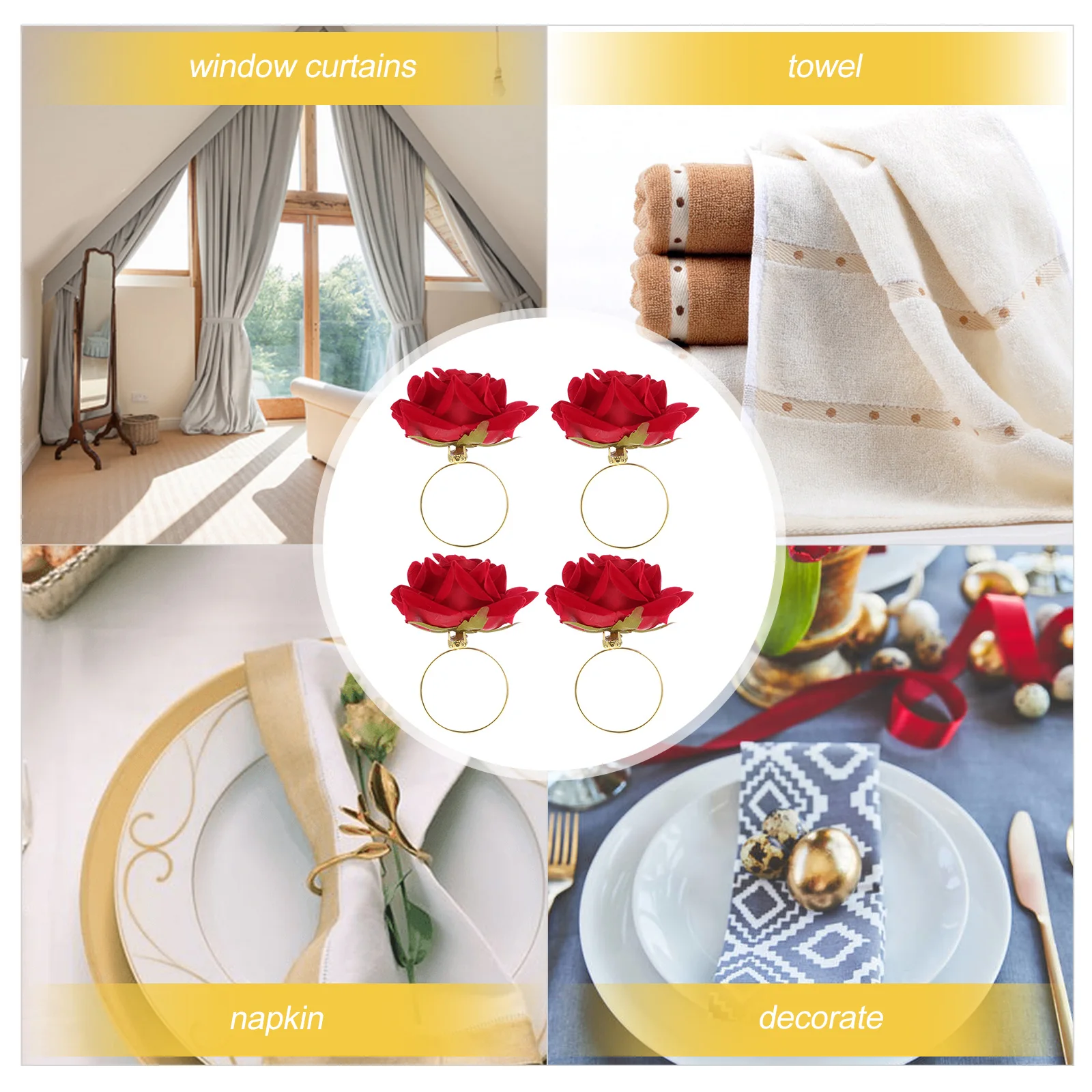 

4 Pcs Napkin Rings Rose Buckle Holder Round Table Tray Wedding Dining Room Flower Napkin Buckle Red Color Non Fading