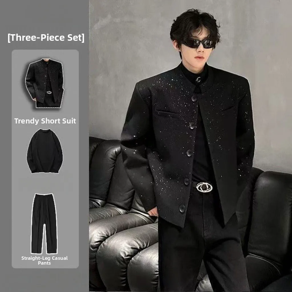 Men's Short Shoulder Padded Suit Jacket Stand Collar Nightclub Performance Outfit Casual Standard Fit Polyester Fiber Warmth