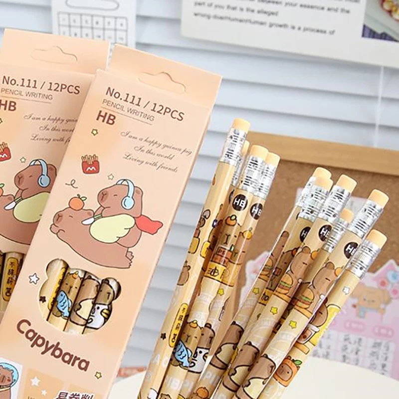 Nuevo 12 Uds. Lápiz de capibara bonito de dibujos animados con borrador, lápiz Kawaii creativo, suministros de oficina, papelería para estudiantes, premio de regalo para estudiantes
