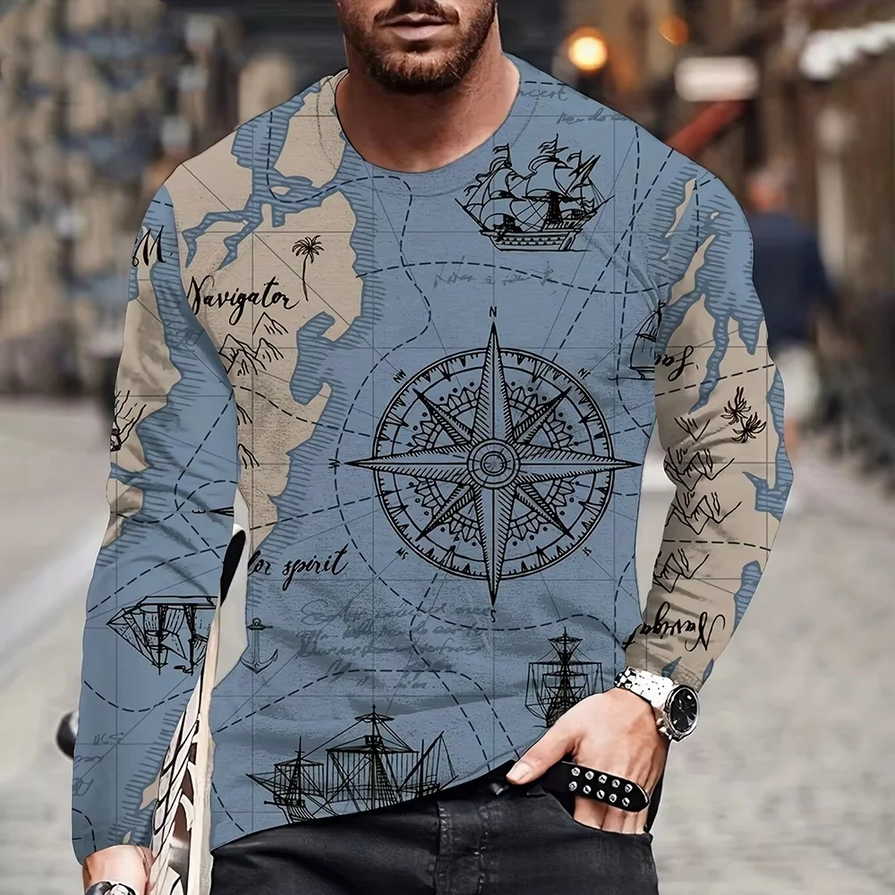 

Men's 3D Print Compass Graphic Long Sleeve T-Shirt Autumn Daily Casual Vintage Crew Neck Top Loose Breathable Quick Dry Pullover