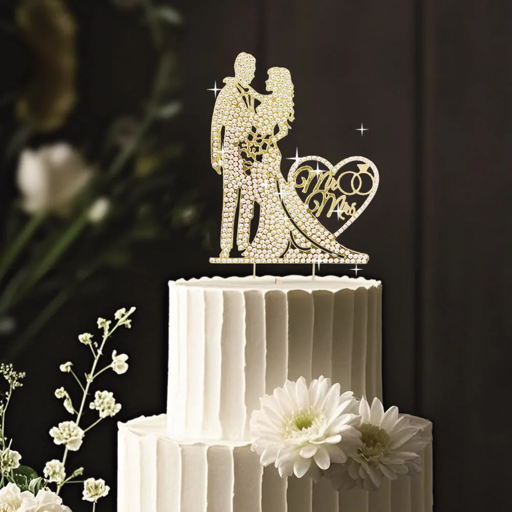Hochzeitstorte Topper Kristall Strass Metall Mr und Mrs Kuchen Topper Hochzeit Braut und Bräutigam Brautparty Party – Detail 2