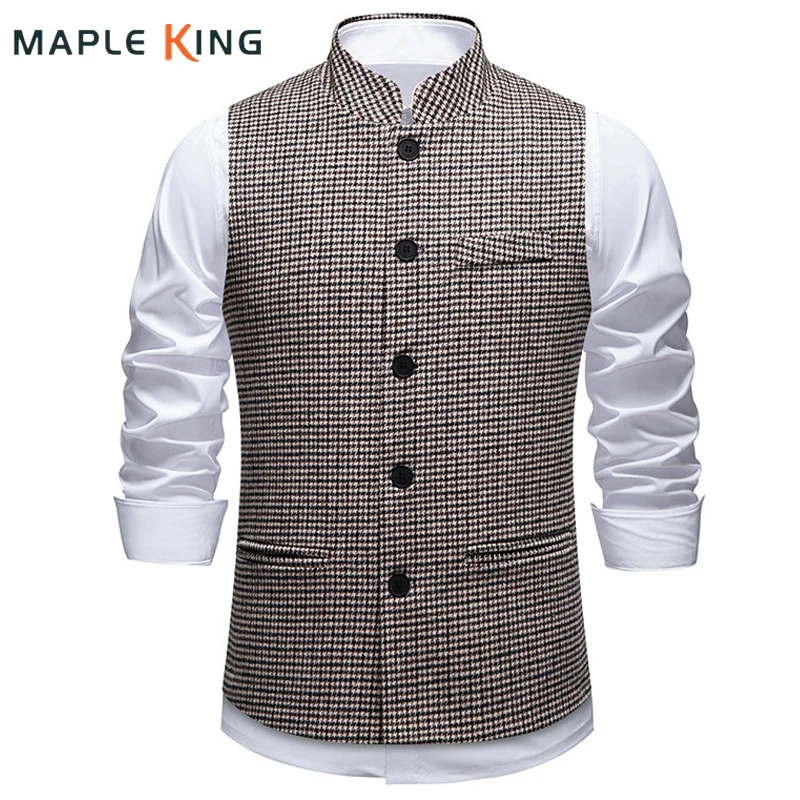 Formal Clothes Man Vest Herringbone Plaid Waistcoat 2026 Gentleman Vintage Coletes Masculino Social Stand Collar Dress Suit Vest