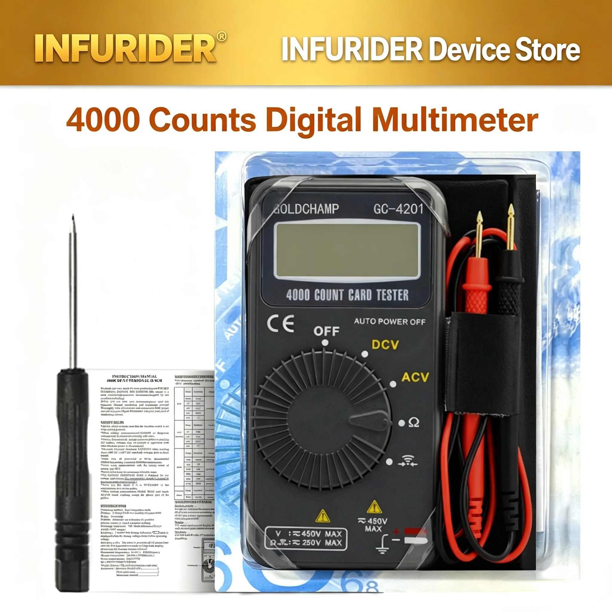 Digital Multimeter 4000 Counts Auto Range AC/DC Voltage Resistance Continuity Tester with Backlit LCD Portable Pocket Meter