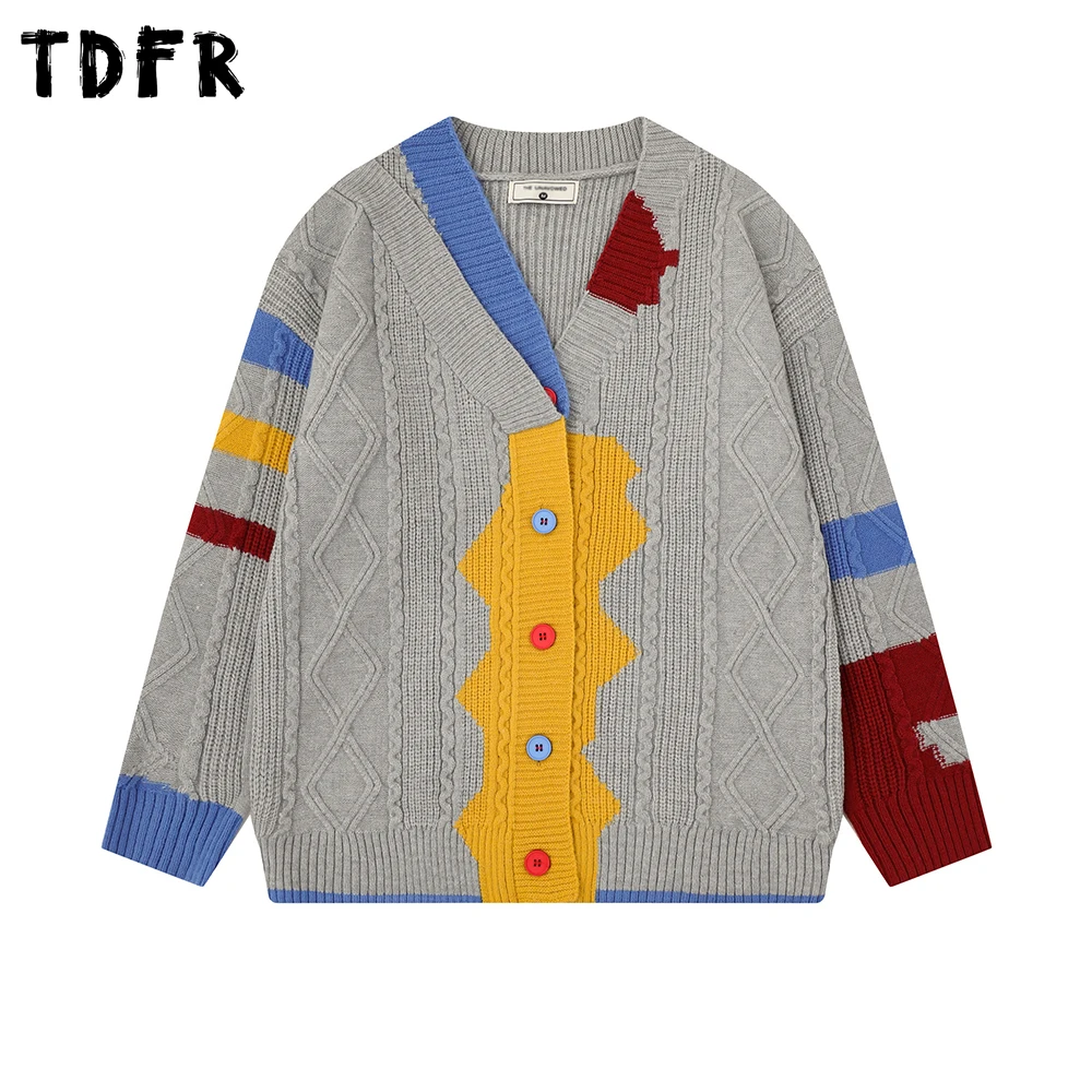 Color Block Sweatercoat Mens Autumn Winter Retro Casual Single Breasted Pleated Knitted Long Sleeve Sweater Cardigan Man