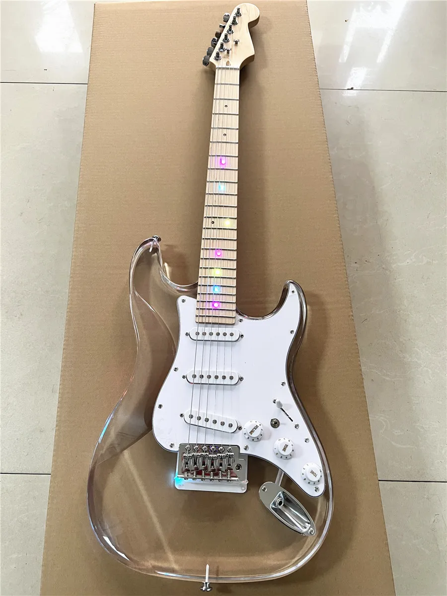 

High quality classic acrylic clear Plexiglas crystal 6-string electric guitar with colored lights maple neck Free shipping
