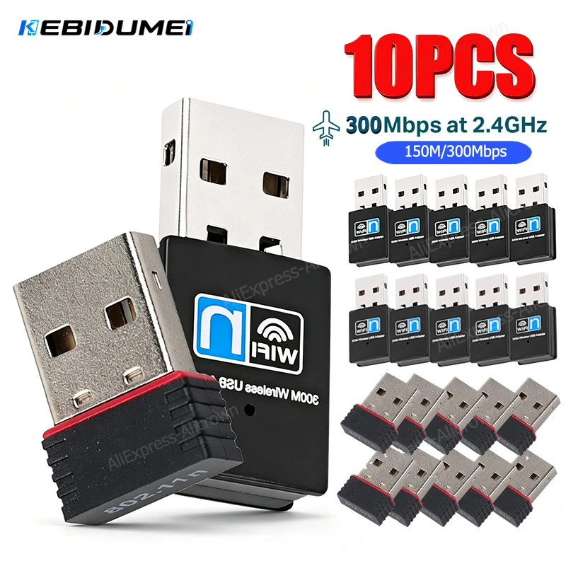 KEBIDUMEI 10/5PCS 300Mbps Mini Wireless Network Card USB 2.4G 150Mbps WiFi Adapter Wi-Fi LAN Card Dongle 802.11b/g/n For Laptop