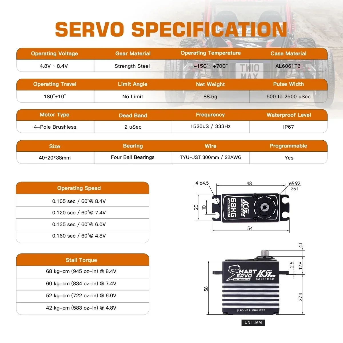 AGFRC SA81FHSW 68KG Waterdicht Monster Torque Steel Gear Borstelloze Grote Smart HV Digitale Servo Voor RC Auto Boot Lier Vliegtuigen