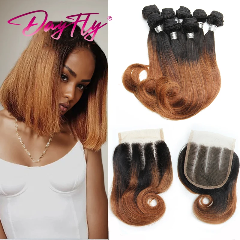 Short Ombre Human Hair Bundles with Closure 4x4  Brazilian Human Hair Weave 8Pcs Bouncy Curly Bundles With Closure Transparant