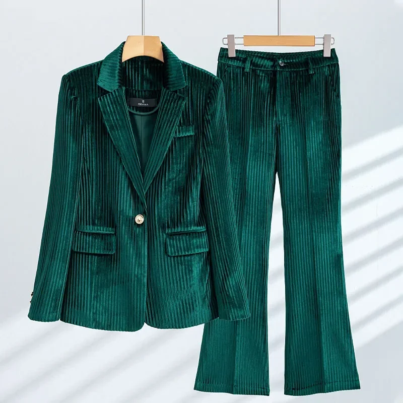 Traje de terciopelo de 2 piezas para mujer, conjunto de Blazer y pantalones para mujer, ropa de trabajo de negocios para mujer, abrigo de moda para niña, vestido de graduación, Primavera