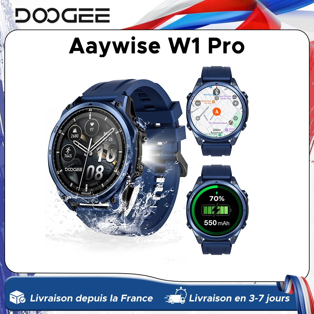 Montre connectée DOOGEE ANYWISE W1 PRO, résistance à l'eau 5ATM, carte hors ligne, GPS double bande, surveillance de la santé, fonction de rappel, musique locale