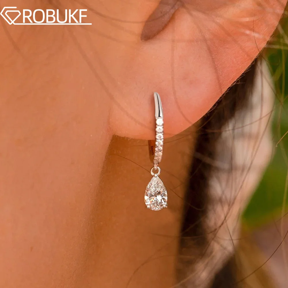 2CT Pear Cut Full Moissanite Hoop Earrings for Women Certified S925 Silver 18K White Gold Plated Waterdrop Shape Bridal Jewelry