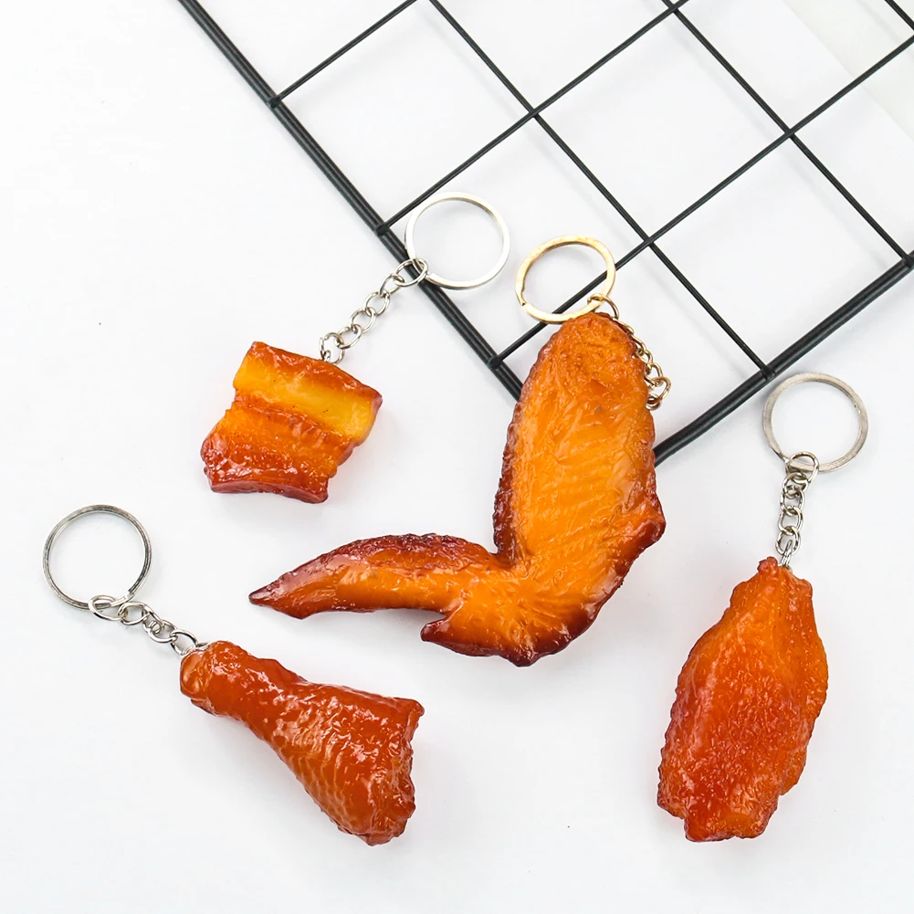 Simulation PVC Food Keychain Roasted Chicken Wing Leg Pork Bouilli Key Chain Car Bag Decor Pendant Ring Hanging Ornament Gift