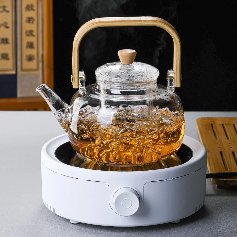 High Boron Silicon Glass Teapot Chinese Tea Ceremony Transparent Teawear Set Cup Filter Wood Handle Pot 900ML