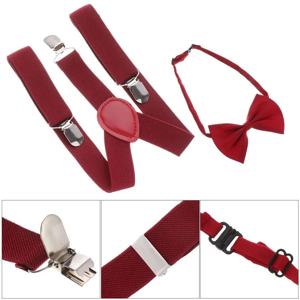 Adjustable For Boys Solid Color Strap For Children Strap Clip Suspenders Clips Hanging Pants Clip Tie Suspenders Set Bow Tie