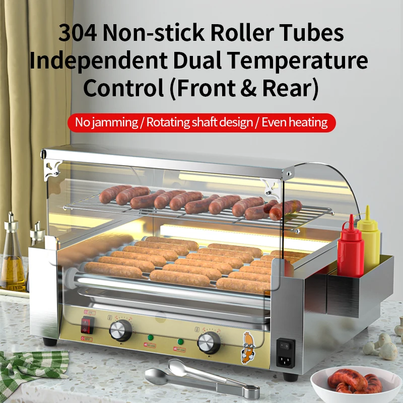 5-7-9-11-Roller Hot Dog Roller 30 Capacity Stainless Steel Sausage Grill Cooker Dual Temp Control BBQ Machine Model