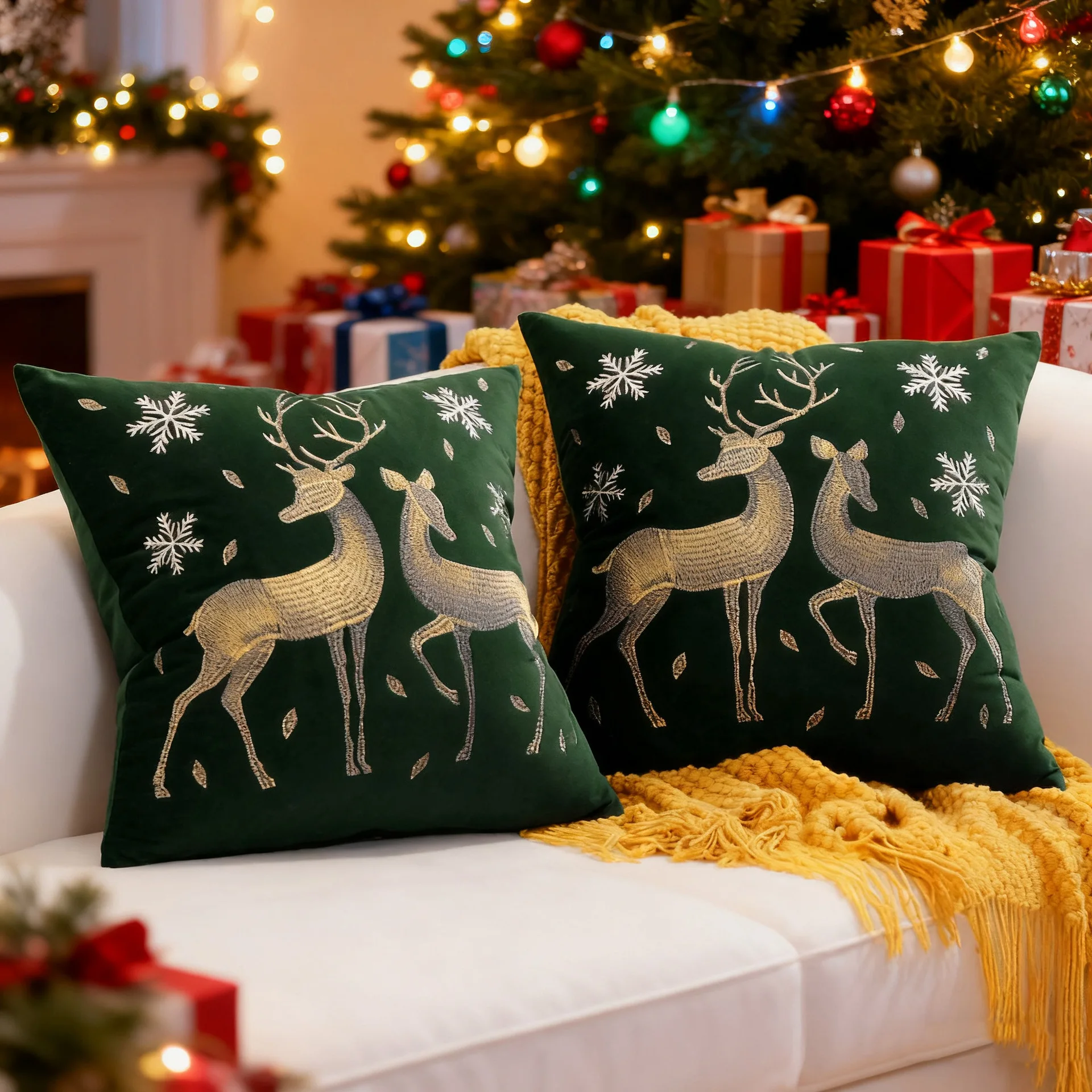 1Pc Golden Elk Christmas Embroidery Pillow Cover Sofa Cushion Living Room Decorative Throw Pillowcase