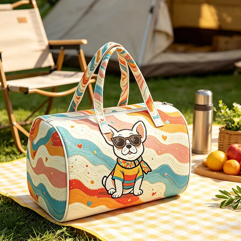 Cute French Bulldog Print Quilted Duffle Bags Women Large Capacity Handbag Colorful Wave Pattern Travel Gym Shoulder Tote Bag